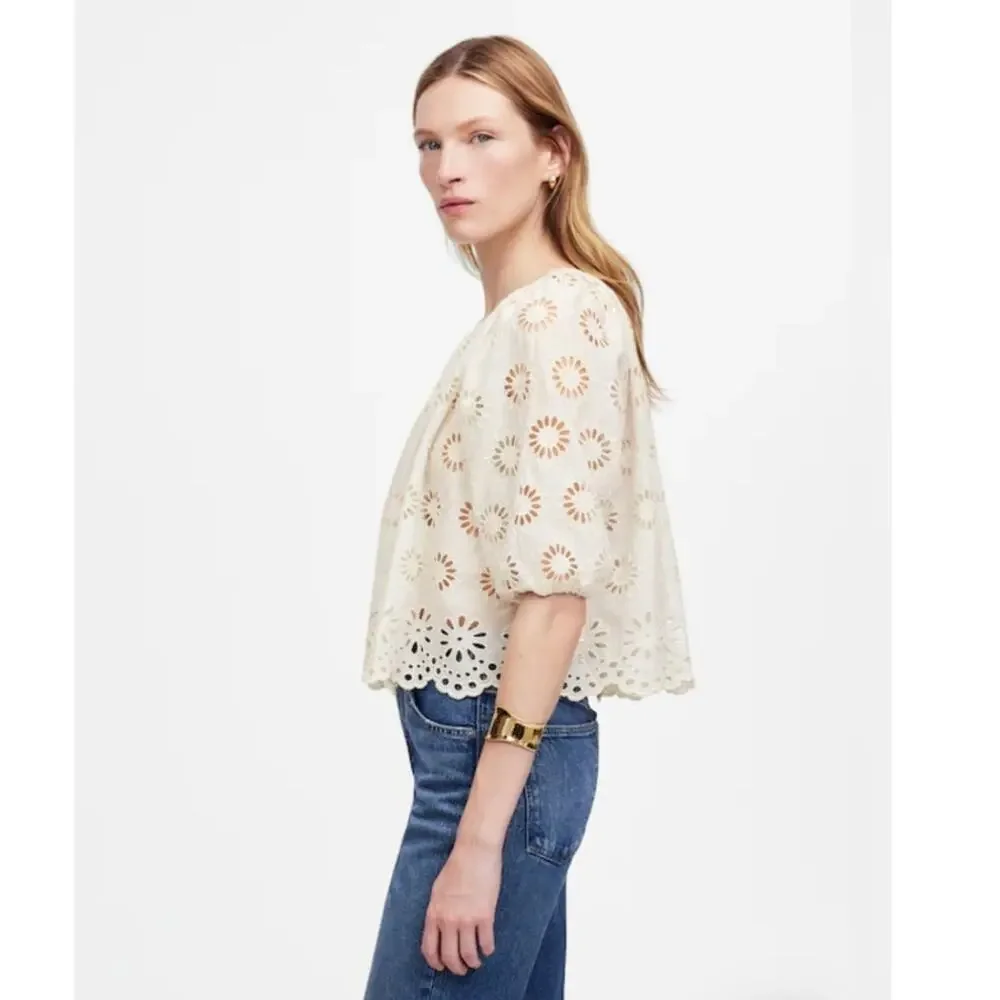 NWT Madewell Embroidered Shirred Puff-Sleeve Top White L